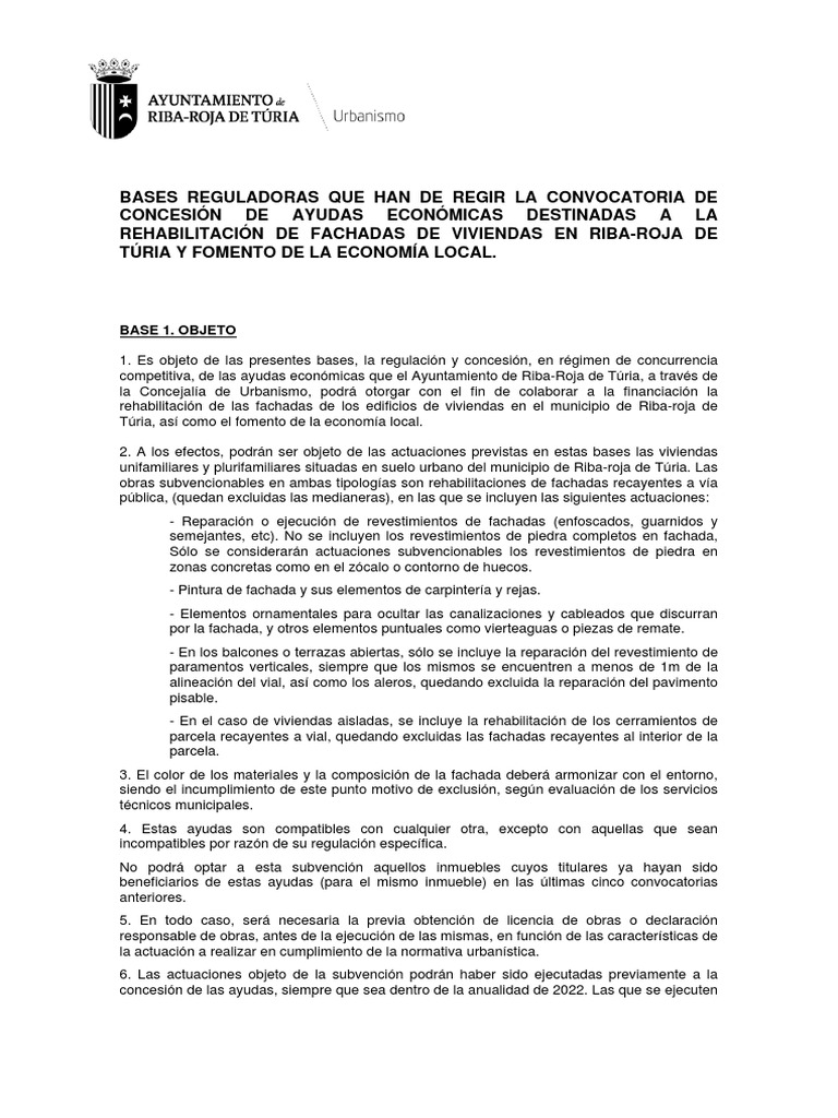 Bases Reguladoras Subvencion Rehabilitación de Fachadas 2022 PDF