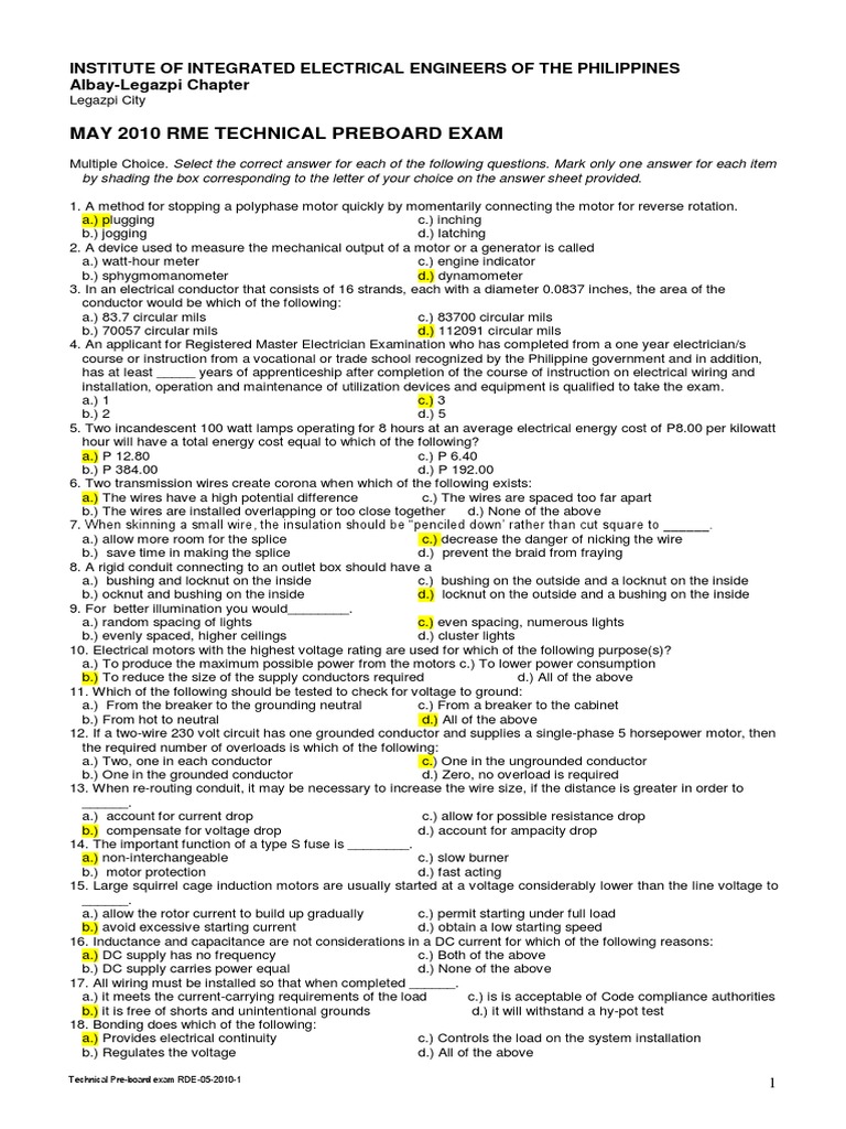 RME Technical Pre-board Exam 2010 | PDF | Fuse (Electrical) | Insulator ...