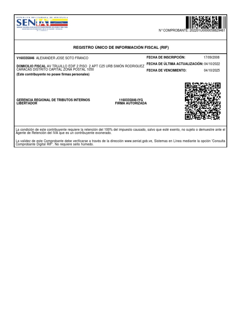 Certificado Rif - Alexander | PDF | Finanzas y dinero