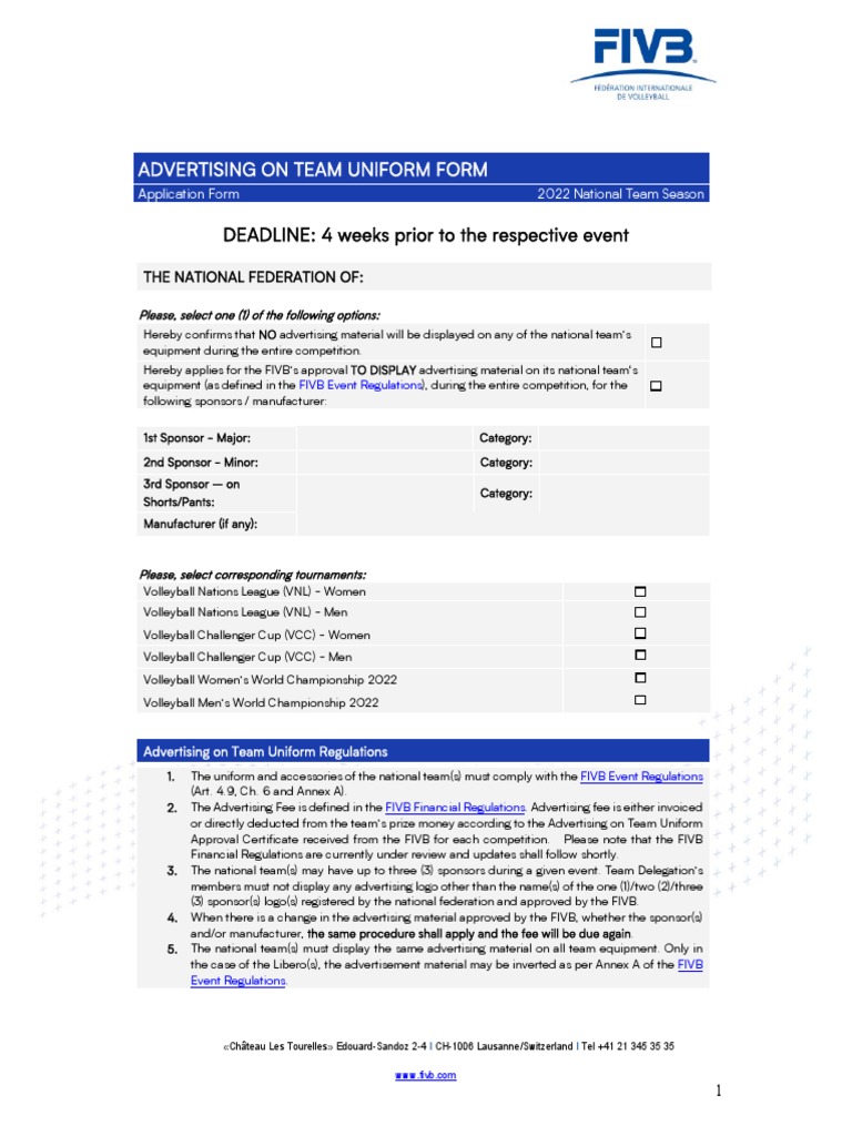 FIVB Team Uniform Advertising Form | PDF | Justice | Crime & Violence
