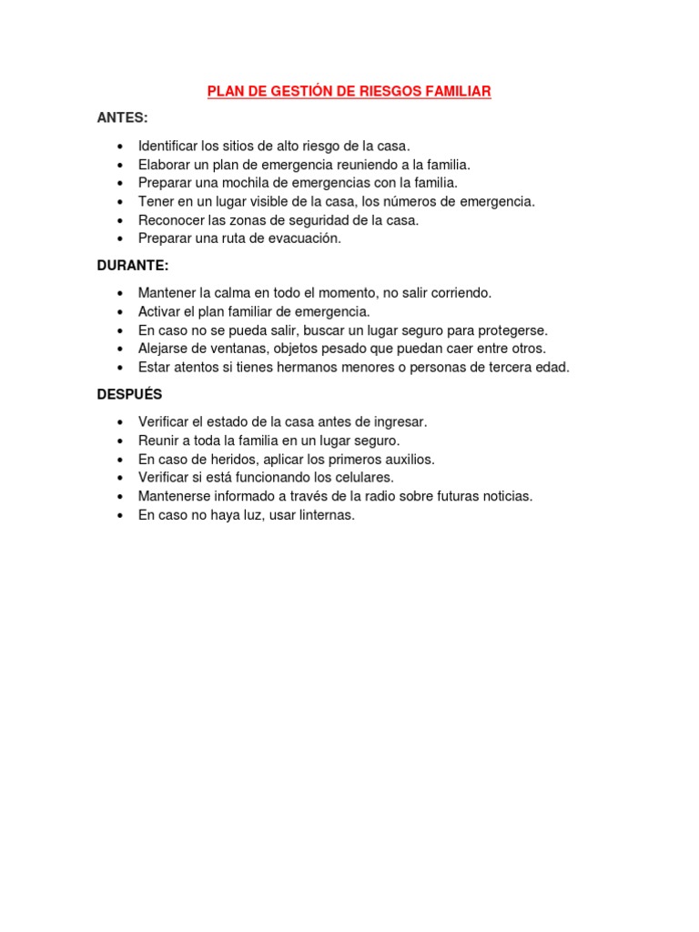 Plan de Gestión de Riesgos Familiar | PDF