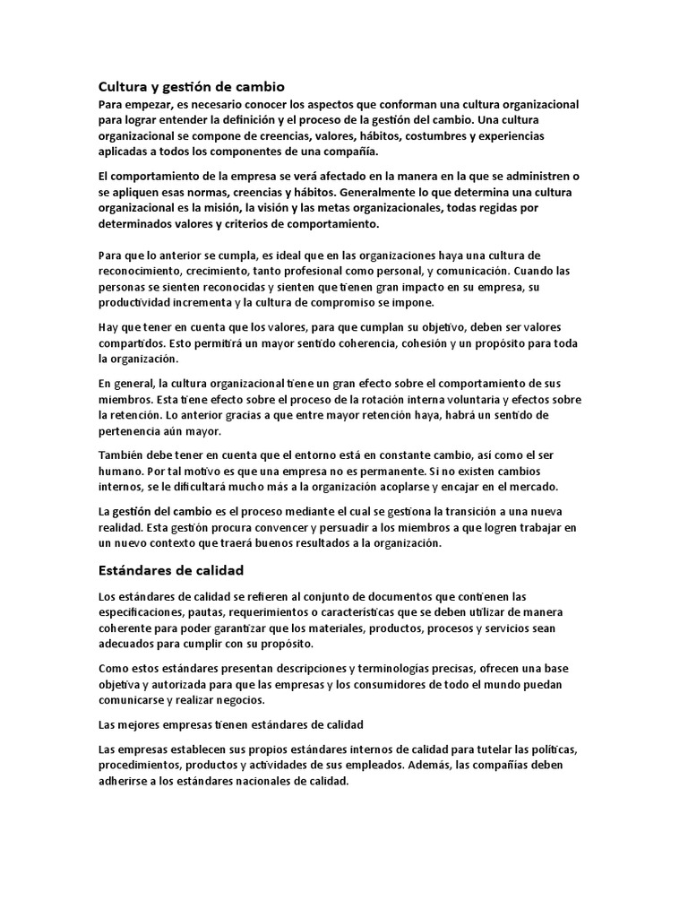 Cultura Organizacional y Gestión del Cambio | PDF | Calidad (comercial ...