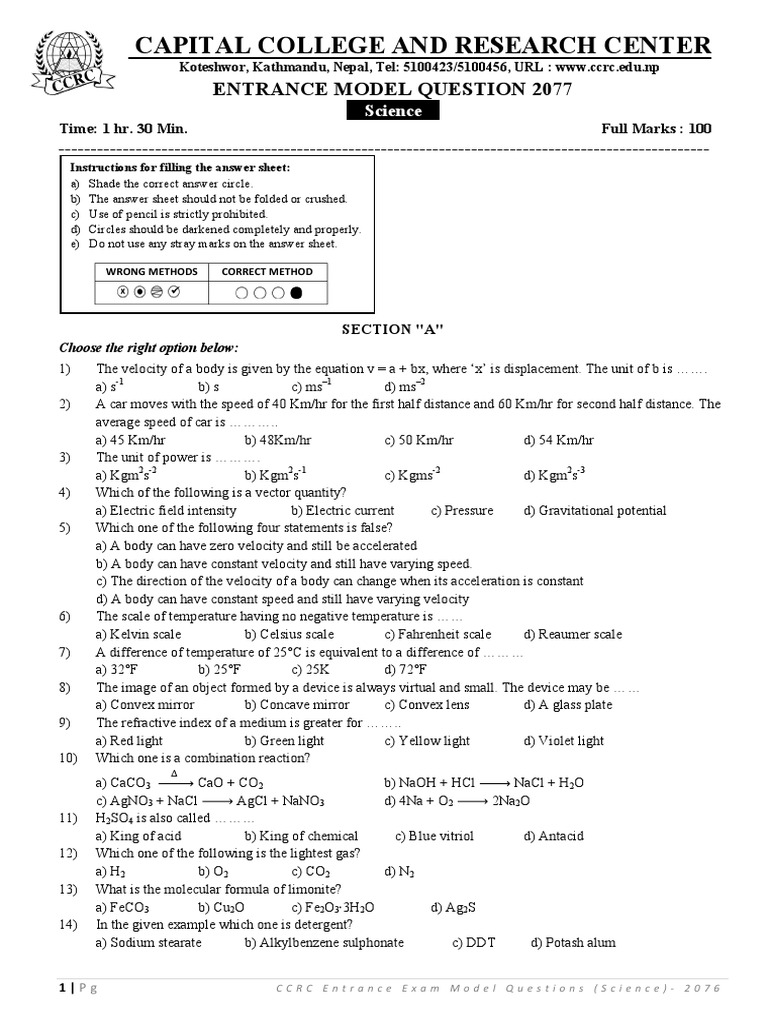 Model Question Science 2077 | PDF | Numbers | Velocity