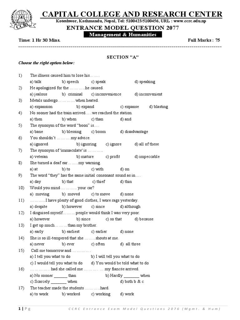 CCRC Management Entrance Model Questions | PDF | Area | Mathematical ...