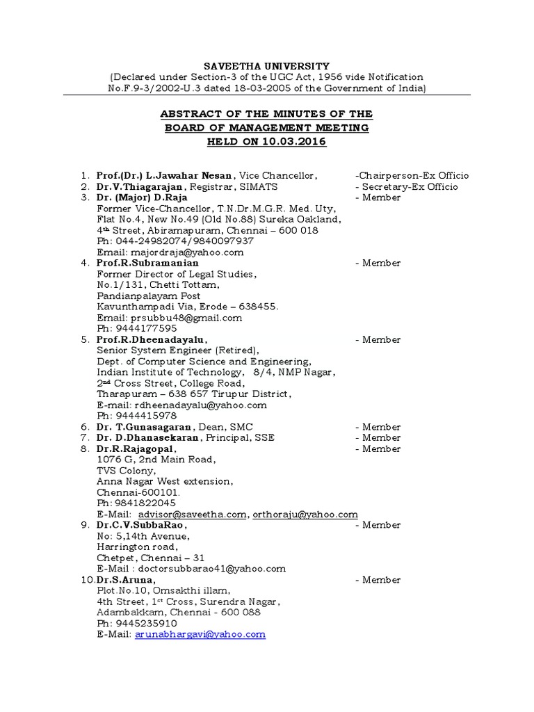 Saveetha University BOM 2016 PDF Course Credit Consultant