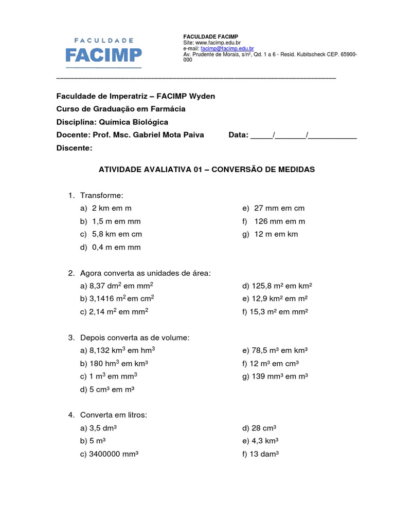 Exercícios de Conversão de Medidas | PDF | Unidades de medida ...