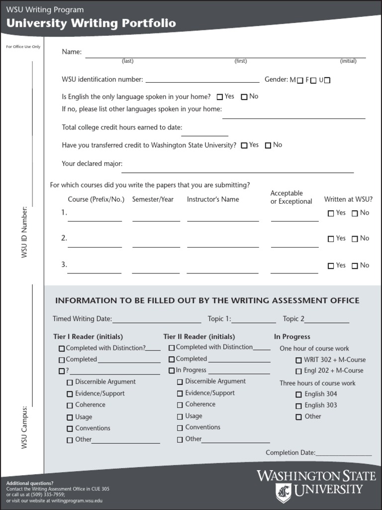 WSU Writing Portfolio Packet Cover Page | PDF