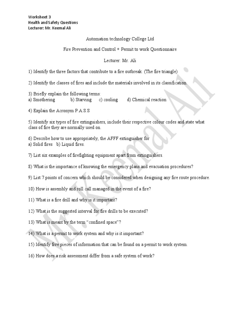 Fire Safety & Permit to Work Quiz | PDF | Science & Mathematics ...
