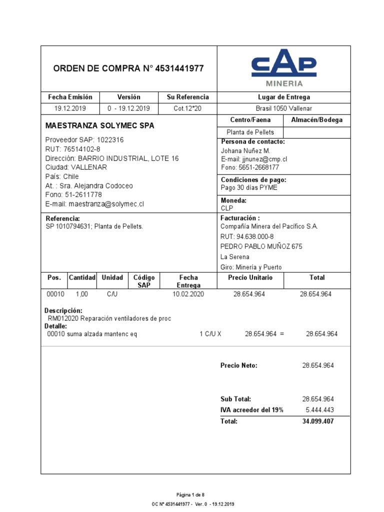 Orden de Compra CAP Minería 2019-2020 | PDF | Daños y perjuicios | Factura