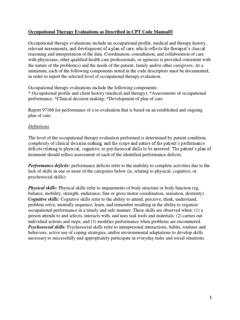 Descriptors of New CPT Occupational Therapy Evaluation Codes PDF Occupational Therapy