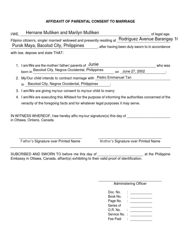 Parental Consent Affidavit for Marriage | PDF | Affidavit | Legal ...