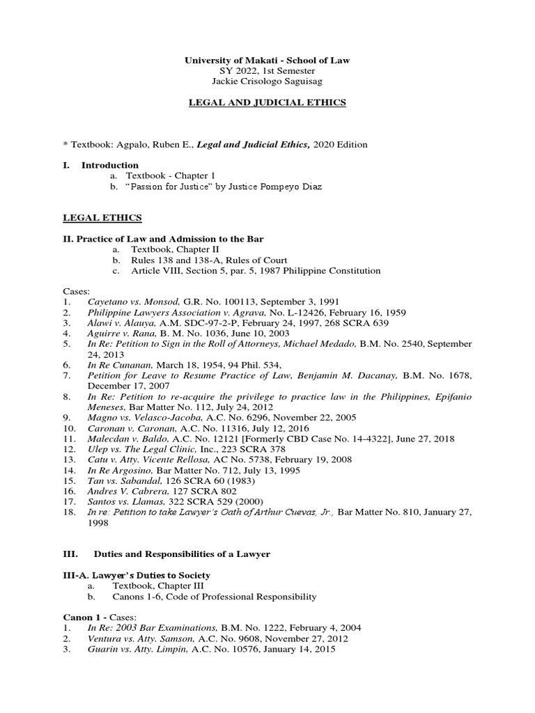 Legal and Judicial Ethics Case List 2022 PDF Legal Organizations