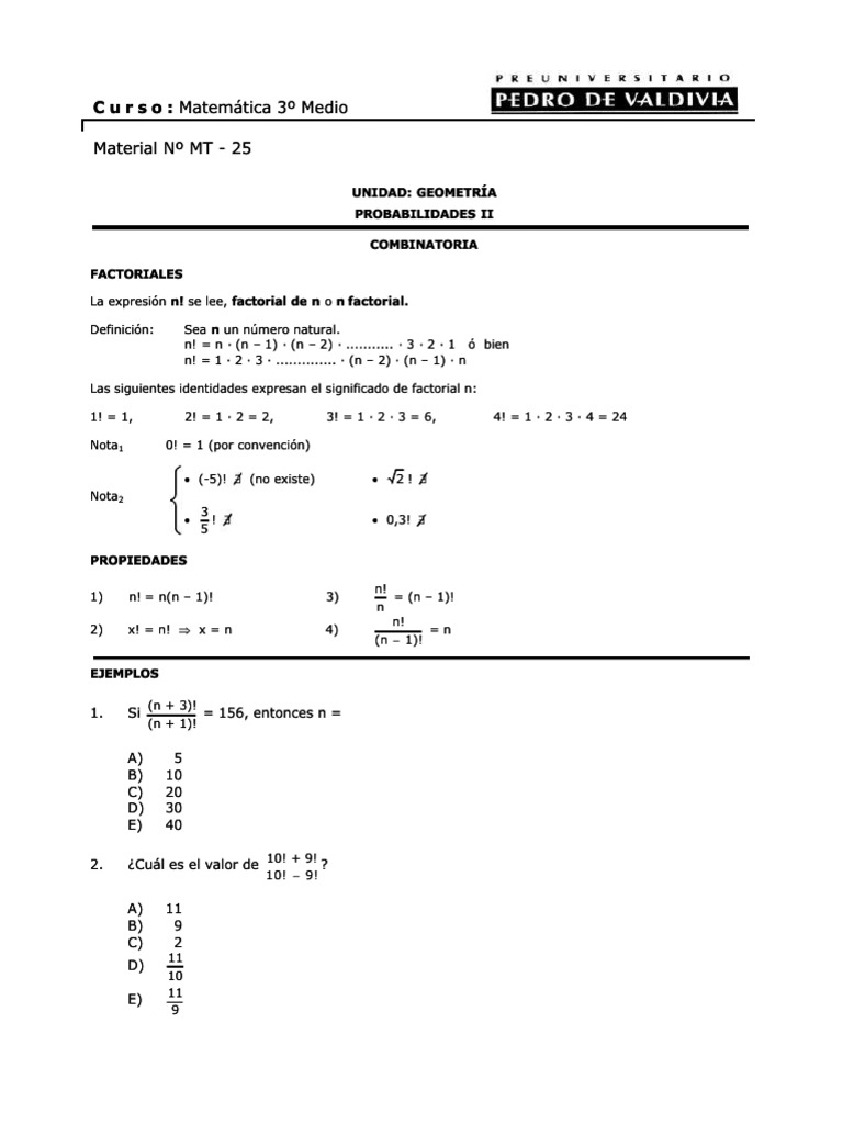 Factoriales y Combinatoria Básica | PDF | Permutación | Teoría de los ...