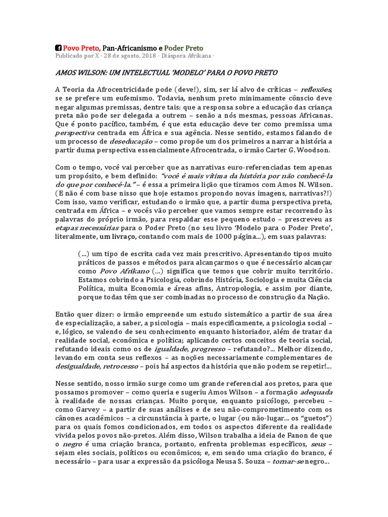 Amos Wilson, Psicólogo e Historiador Africanocentrado | PDF ...