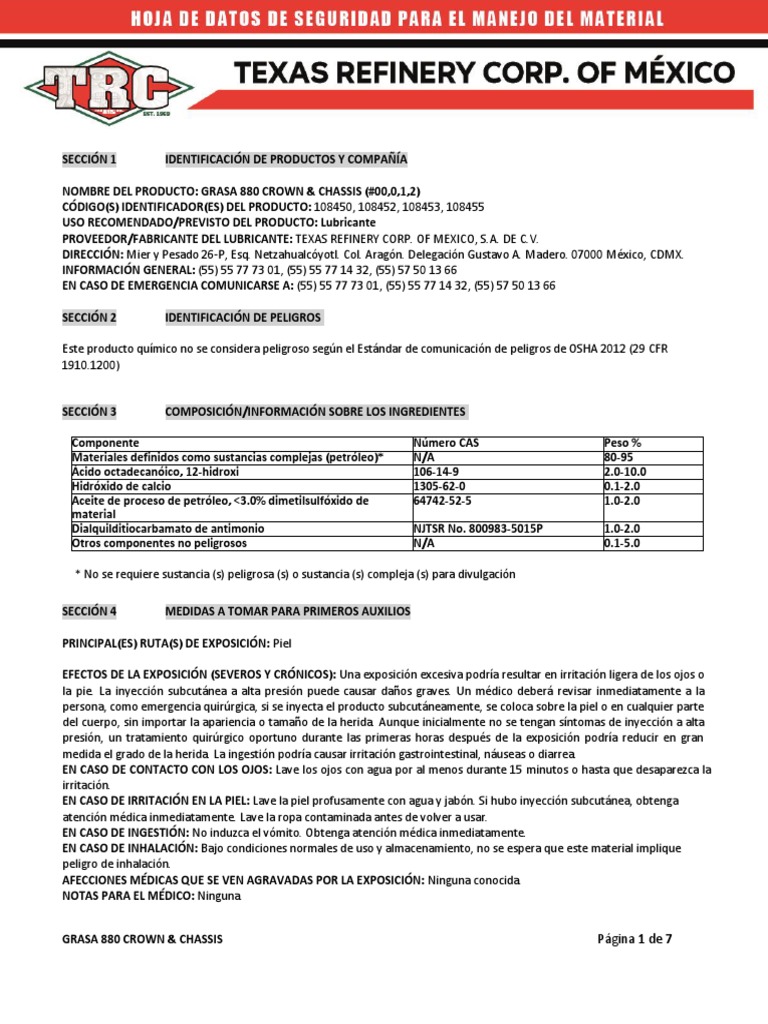 Msds Grasa 880 Crown Chassis PDF Residuos Agua
