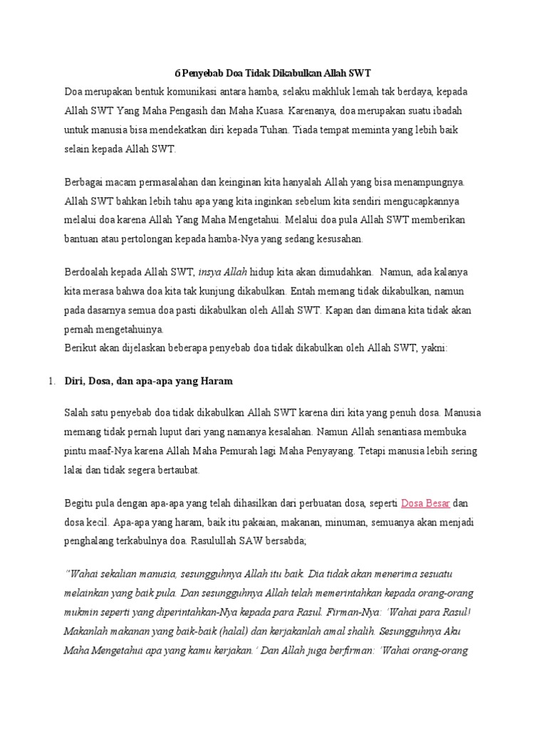 6 Penyebab Doa Tidak Dikabulkan Allah Swt Pdf