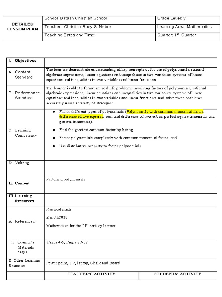 LP Week1 Polynomials With Common Monomial Factor | PDF | Teaching ...