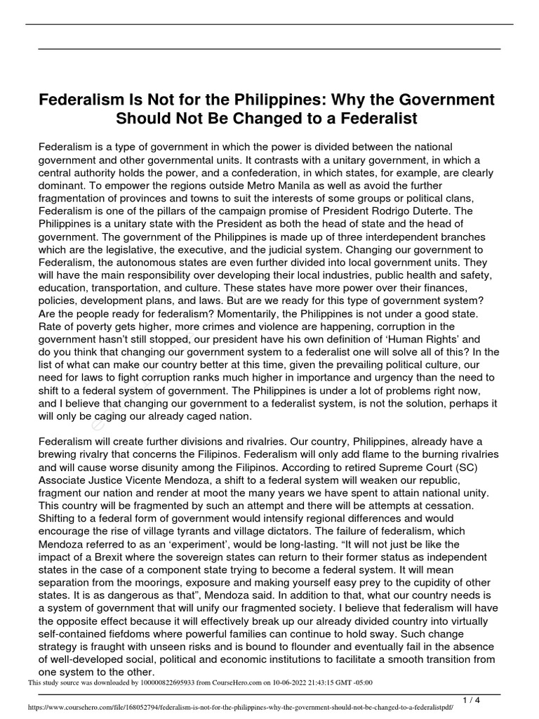 Federalism Is Not For The Philippines Why The Government Should Not Be