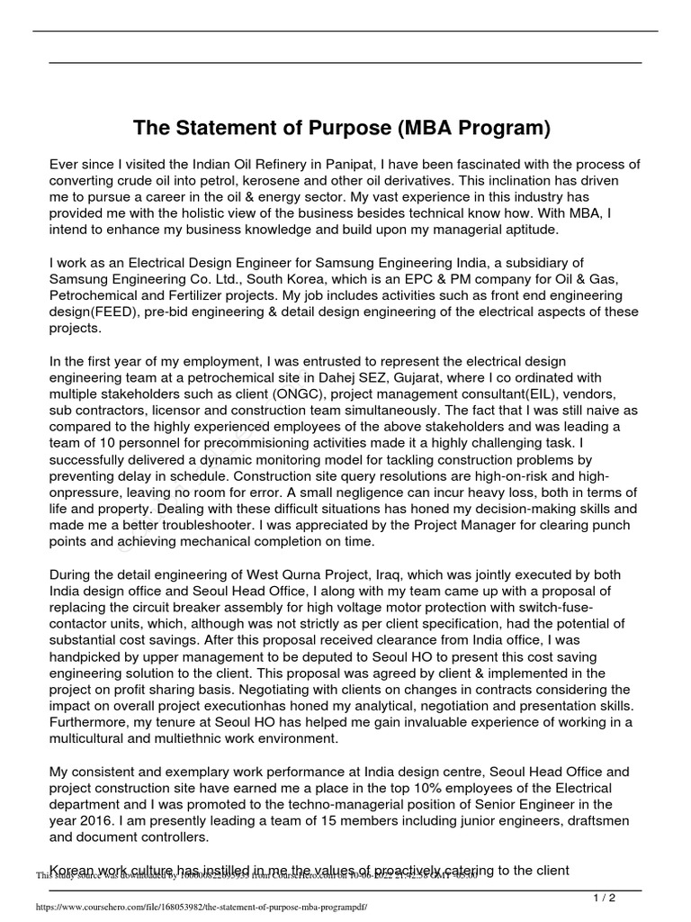 The Statement of Purpose Mba Program PDF | PDF | Oil | Engineering