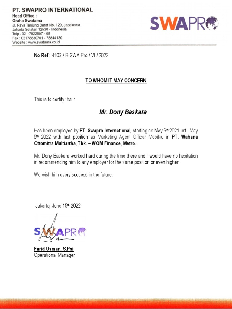 Employment Certification for Dony Baskara | PDF
