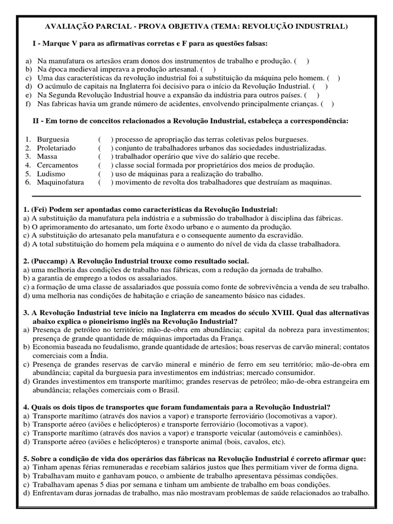 Prova Objetiva: Revolução Industrial 8º Ano | PDF | Revolução ...