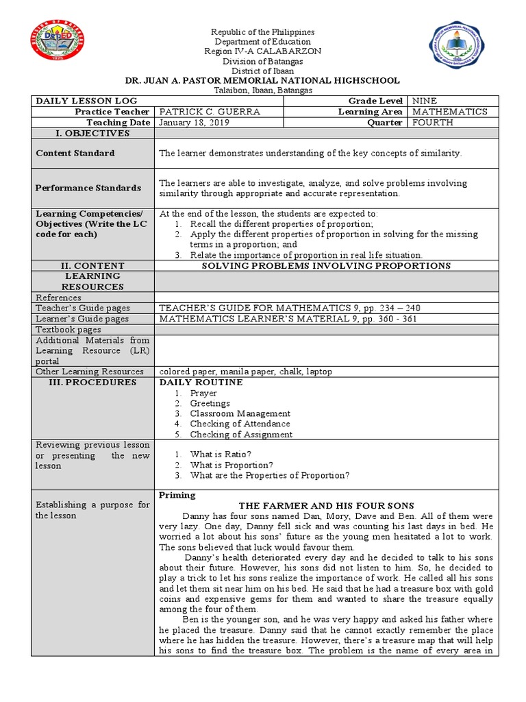 Grade 9 Ratio and Proportion Lesson Plan | PDF | Learning | Teachers