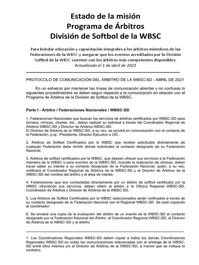 WBSC Softball Umpires Mission Statements PDF