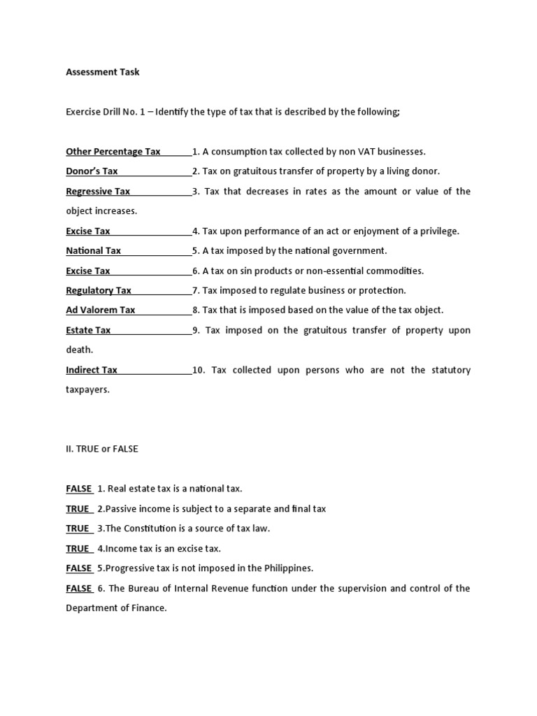 Tax Types and Assessment Exercises | PDF | Taxes | Taxation In The ...