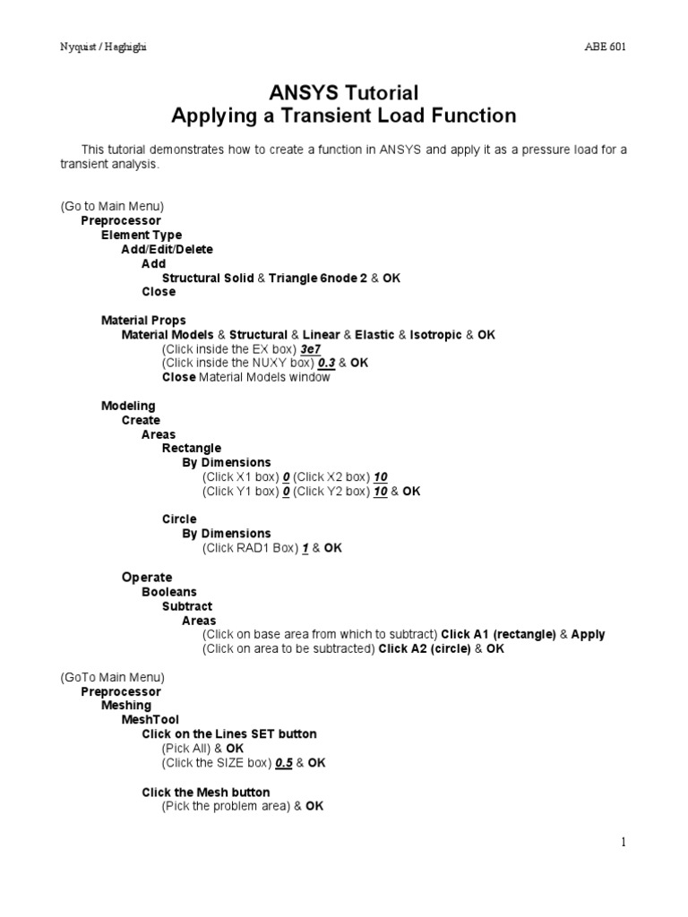 ANSYS Tutorial Applying A Transient Load Function: Nyquist / Haghighi ...