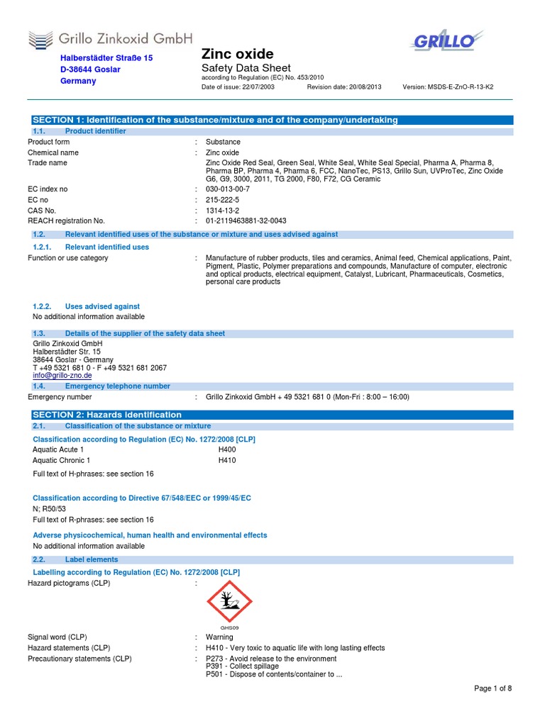 eSDS ZnO Englisch 20131010 PDF Zinc Oxide Toxicity