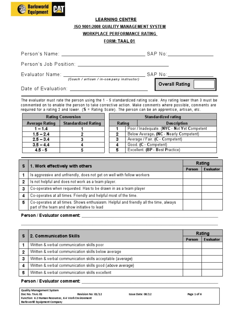 ISO 9001:2008 Workplace Performance Rating Form | PDF | Quality ...