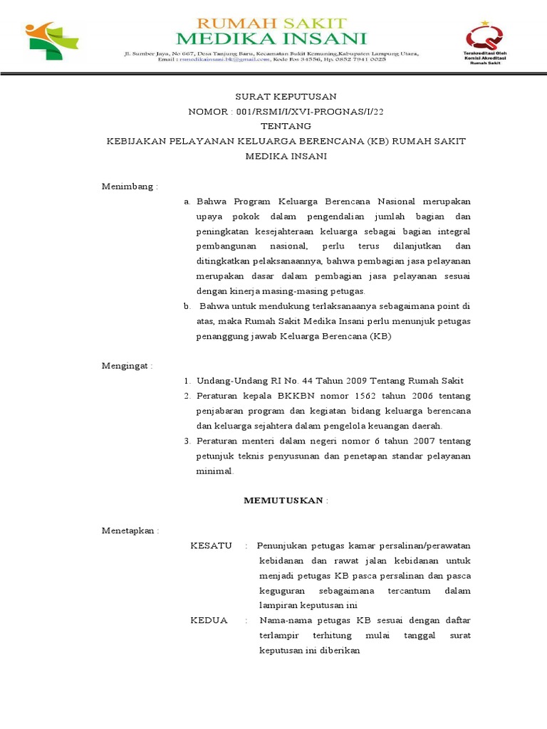 Kebijakan Pelayanan KB RS Medika Insani | PDF | Kesehatan Holistik