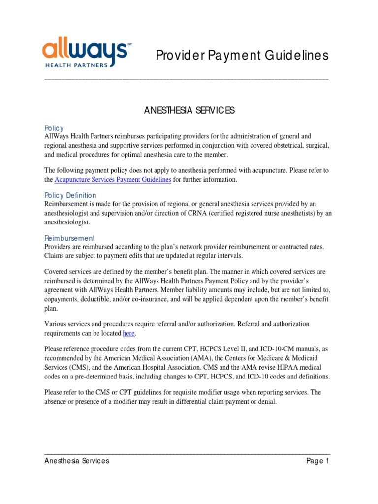 Anesthesia Payment Guidelines AllWays Health Partners Outlines Policies for Reimbursing