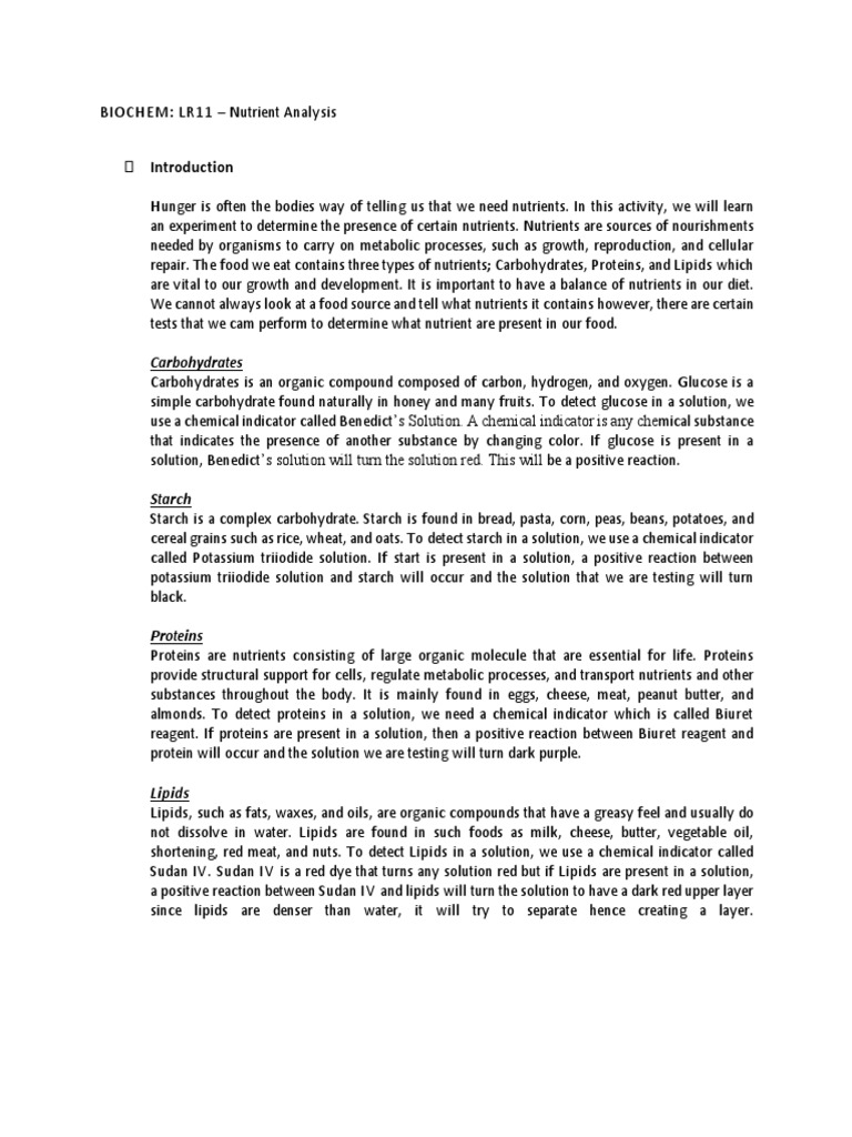 Nutrient Analysis Lab Report | PDF | Carbohydrates | Nutrients
