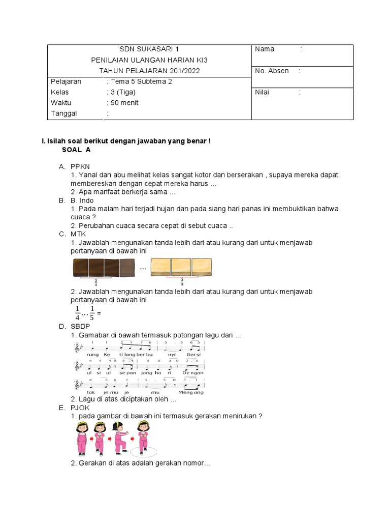 Soal Ulangan Harian Kelas 3 Tema 5 | PDF | Sains & Matematika