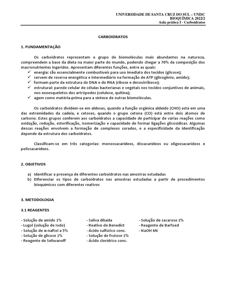 Aula Prática de Carboidratos em Bioquímica | PDF | Carboidratos ...
