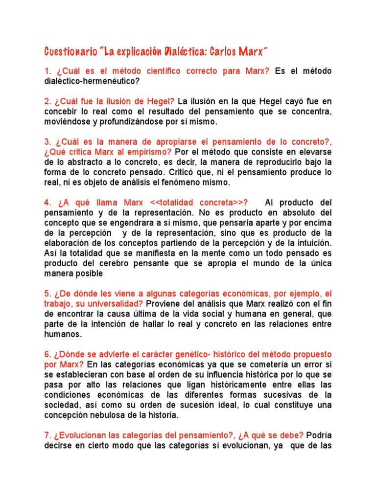 Cuestionario sobre la Dialéctica de Marx | PDF | Pensamiento | Karl Marx
