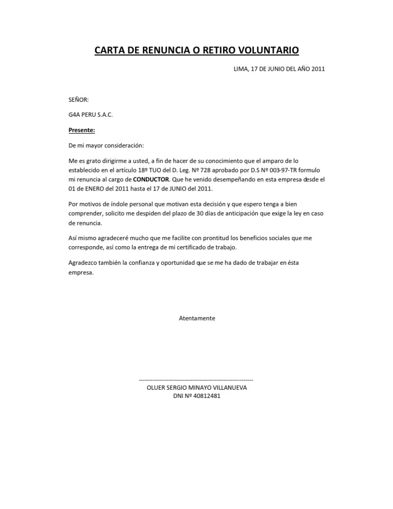 Carta De Renuncia O Retiro Voluntario N Soalan