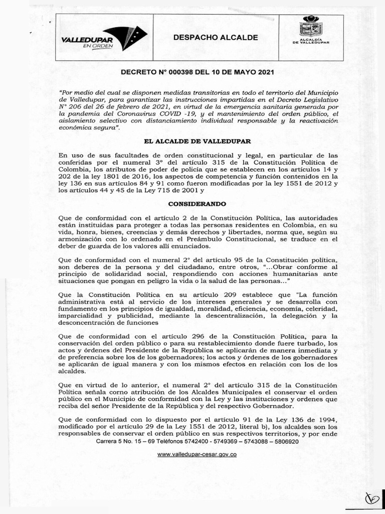 Decreto no 000398 del 10 de mayo de 2021 pdf estado de emergencia