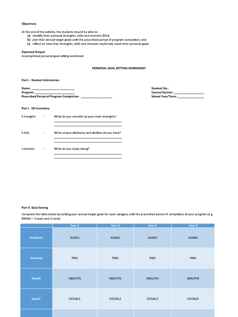 VE021 Personal Goal Setting Worksheet | PDF | Goal | Goal Setting