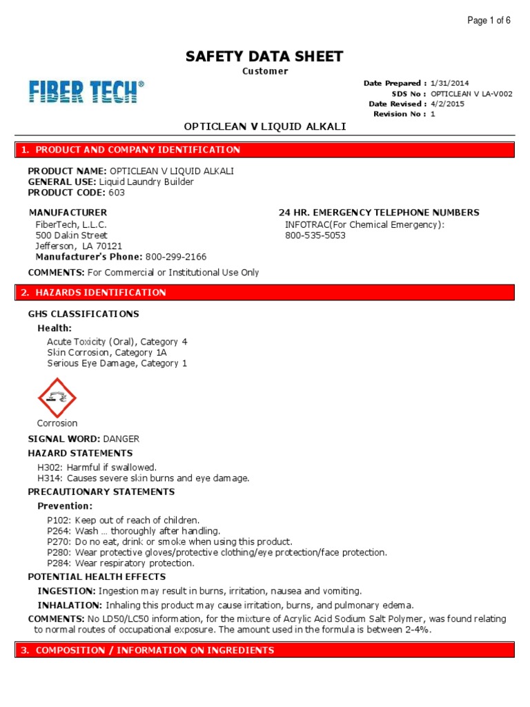 Opticlean V Liquid Alkali MSDS | PDF | Sodium | Magnesium