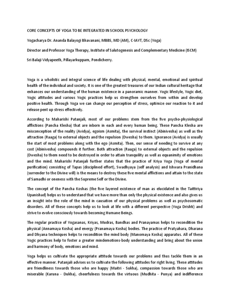 Core Concepts of Yoga To Be Integrated in School Psychology | PDF ...