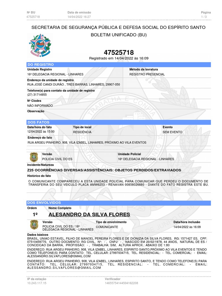 Registro de Extravio de Transferência | PDF | Polícia