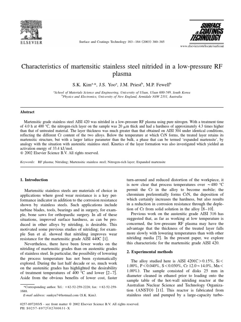 Characteristics of Martensitic Stainless Steel Nitrided in A Low ...