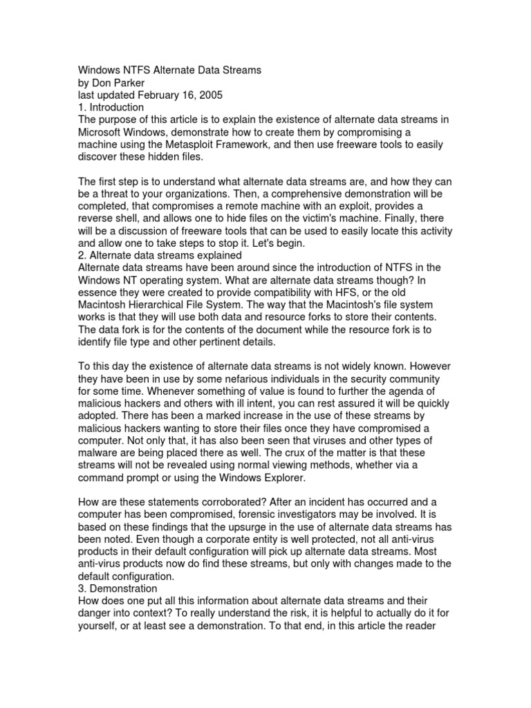 Windows NTFS Alternate Data Streams PDF Transmission Control