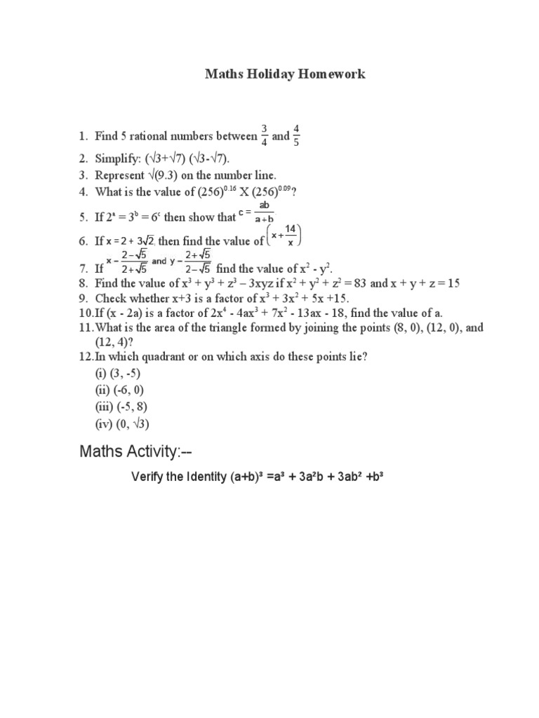 maths holiday homework for class 1 pdf