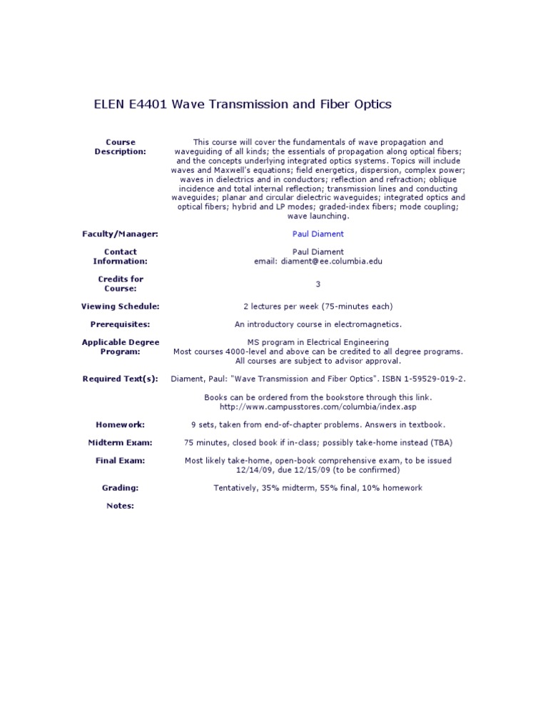 4401 Syllabus | PDF | Waveguide | Optics