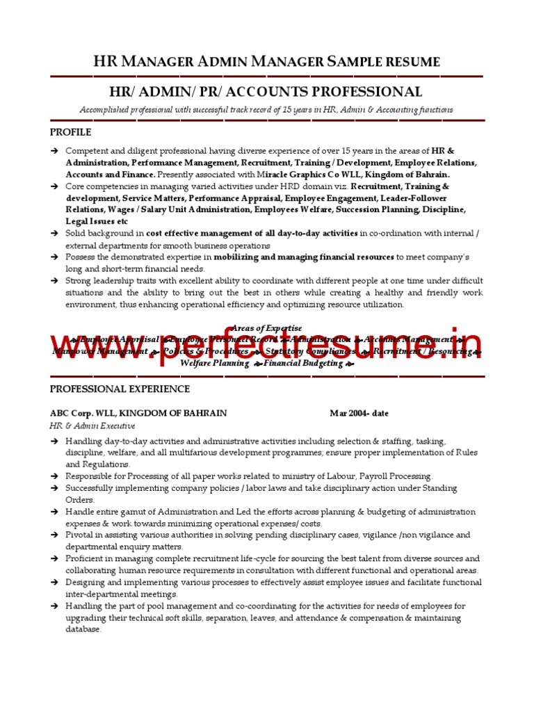 sample resume for hr and admin executive in india