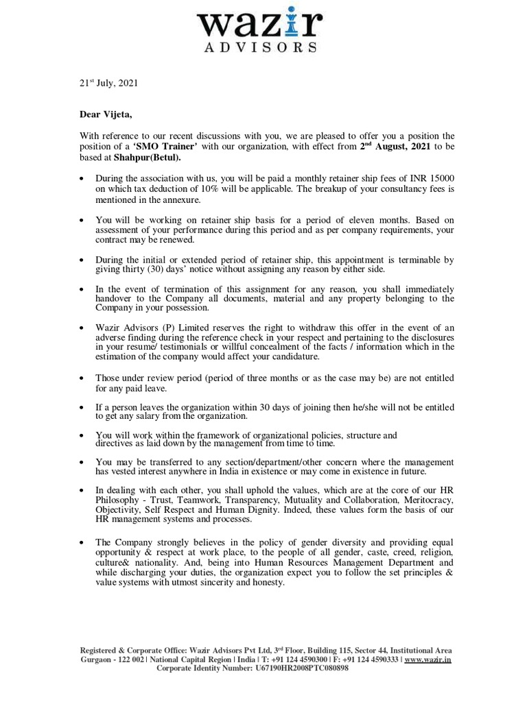 Offer Letter For The Position Of SMO Trainer At Wazir Advisors Private 