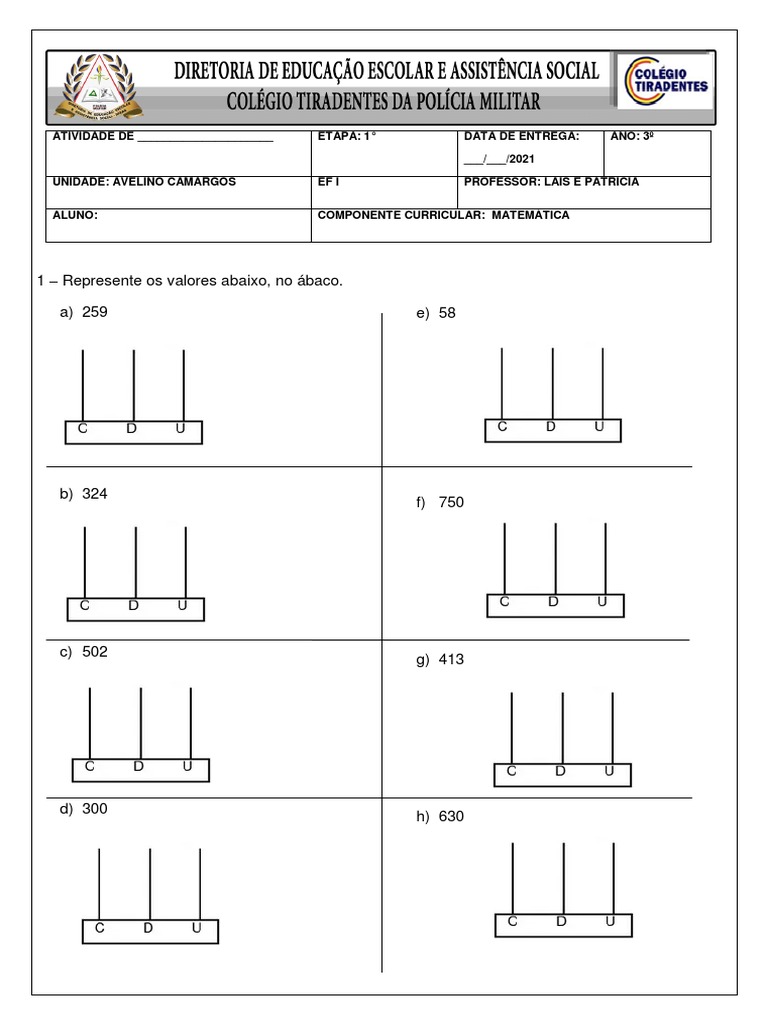 Atividades de Matemática com Ábaco - 3º Ano | PDF | Métodos e Materiais ...